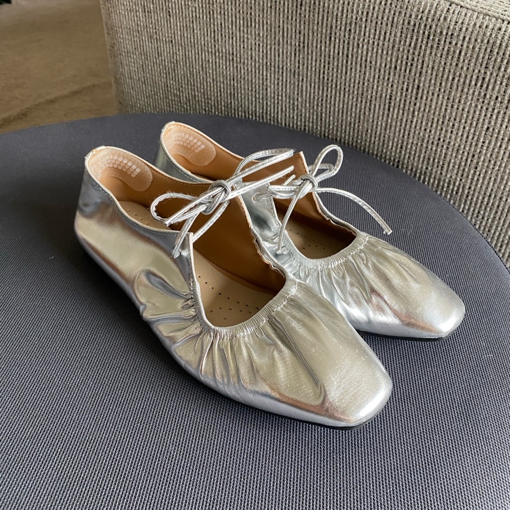 Silver Metallic Ballet Flats with Tie Detail